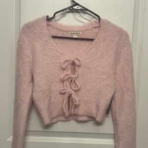 Derek Heart Pale Pink Fuzzy Tie-Front V-Neck Cropped Sweater